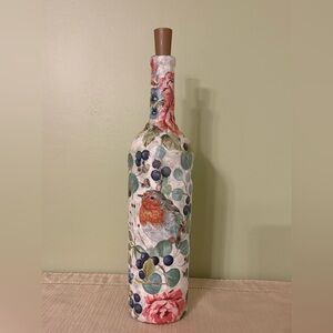 Birds and Flowers Decoupaged Wine Bottle, Home Decor